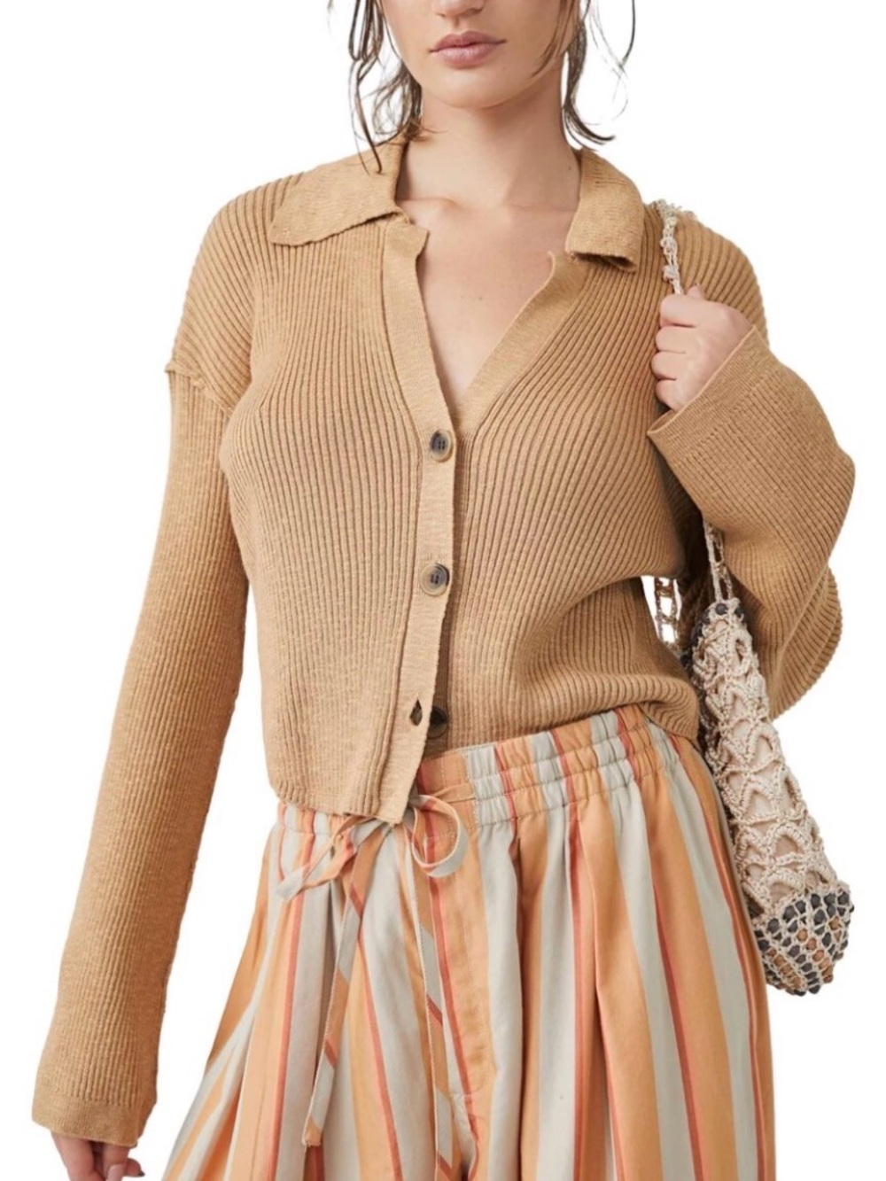 Free People Ella Cropped Ribbed Button Cardigan - Maroon
